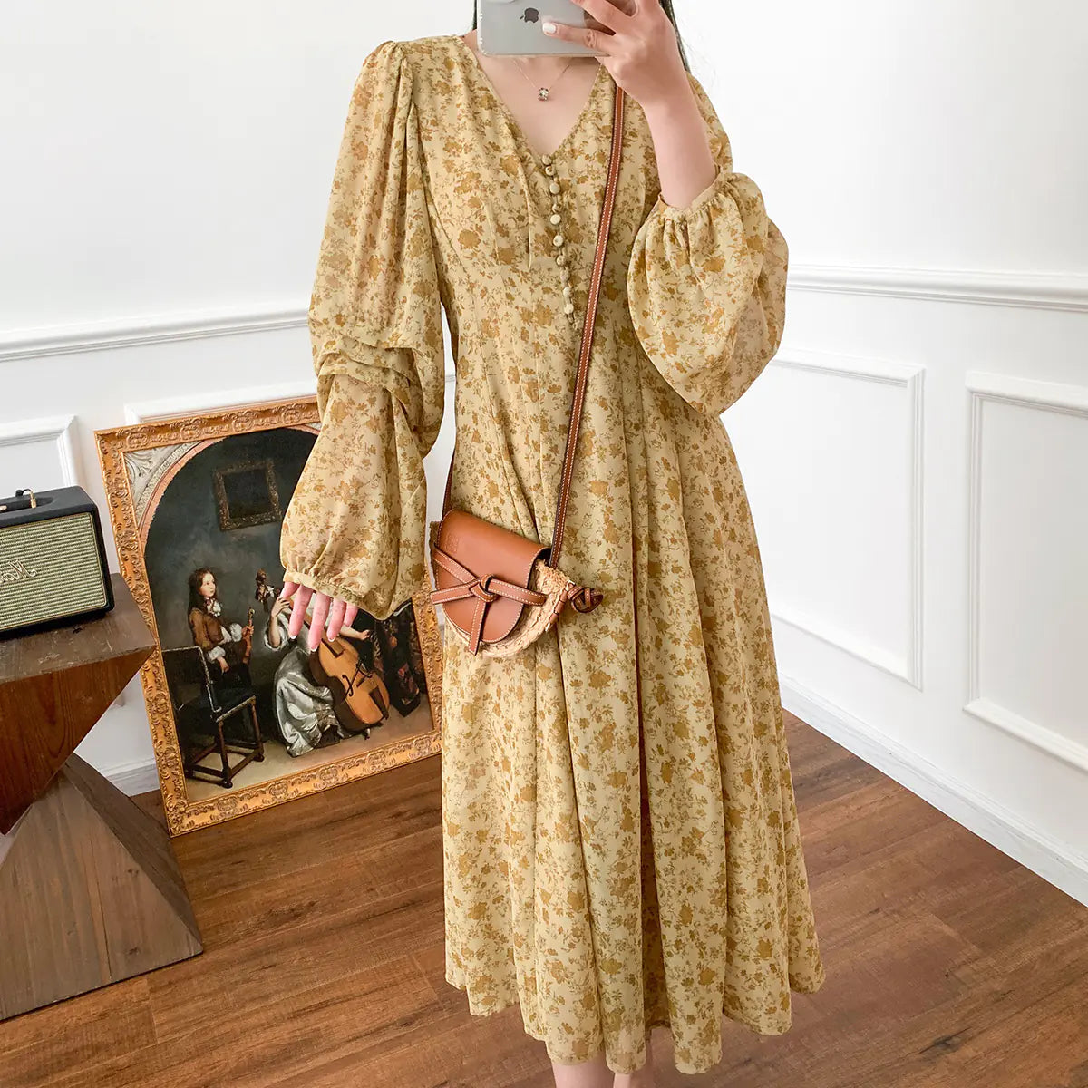 Yellow Floral Long Sleeve V-Neck Dress for Women