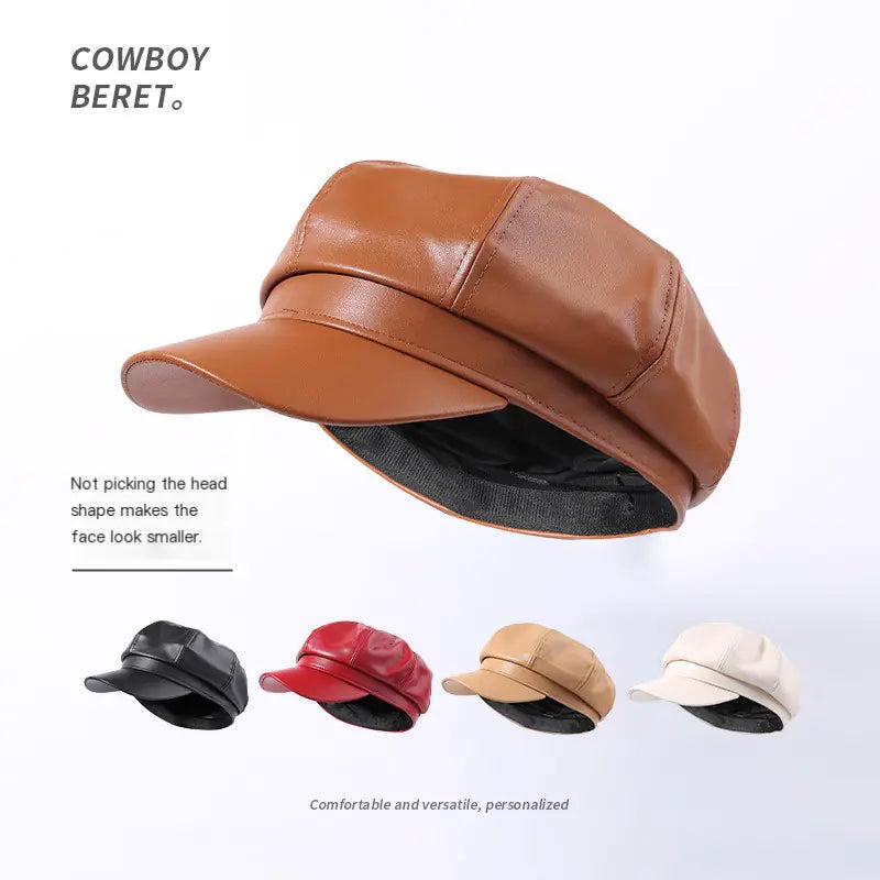 Retro PU Leather Beret Hat for Women in Spring/Fall