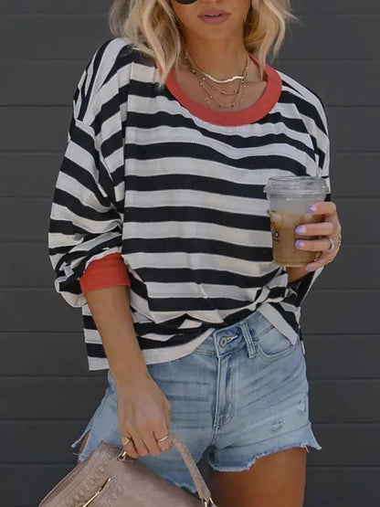 Women's Oversized Striped O-neck Long Sleeve T-shirt