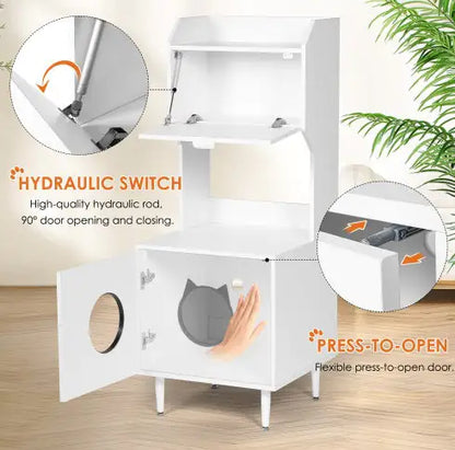 Litter Box Enclosure With Shelves And Doors White Wooden Hidden Cat