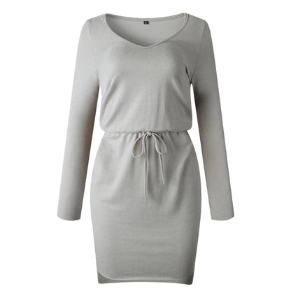 Solid Color V-Neck Dress with Asymmetrical Hem