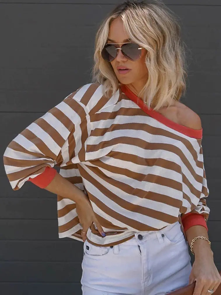 Women's Oversized Striped O-neck Long Sleeve T-shirt