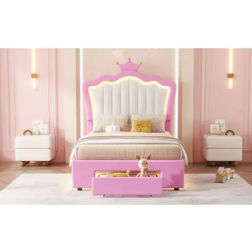 Twin Size Upholstered Bed Frame With LED Lights, Modern Upholstered Princess Bed With Crown Headboard, A Drawer