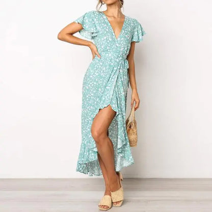 Floral V-Neck Short Sleeve Tie Dress