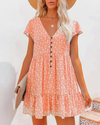 V-Neck Button Floral Short Sleeve Casual Dress