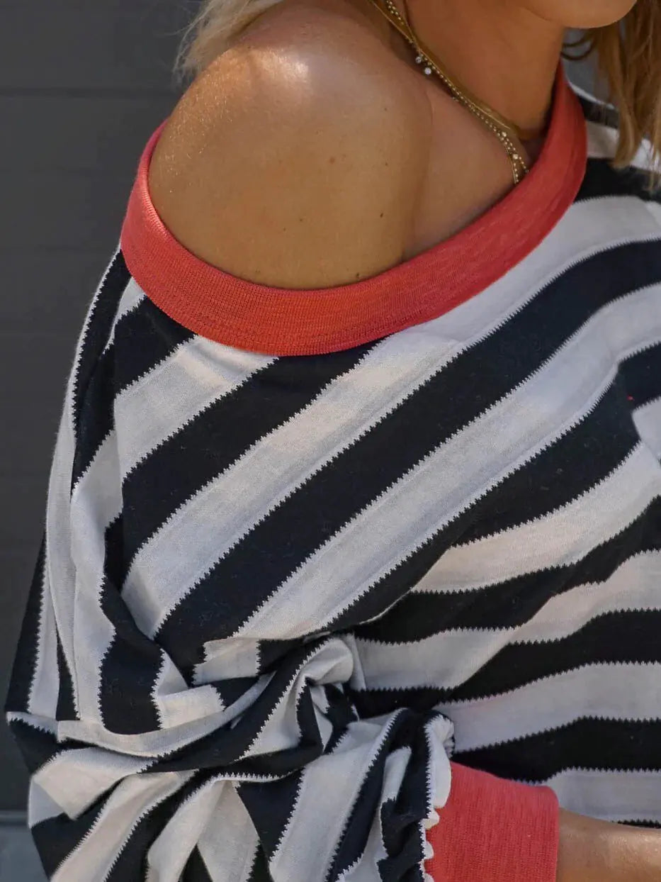 Women's Oversized Striped O-neck Long Sleeve T-shirt