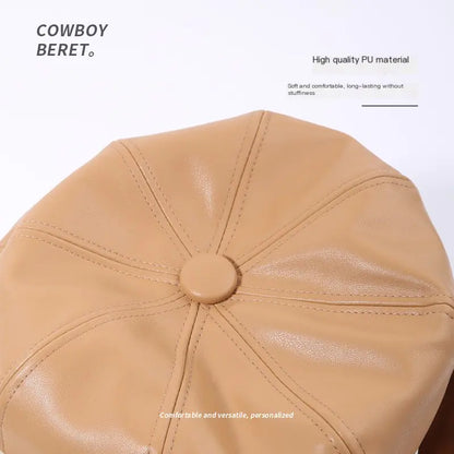 Retro PU Leather Beret Hat for Women in Spring/Fall