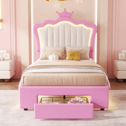 Twin Size Upholstered Bed Frame With LED Lights, Modern Upholstered Princess Bed With Crown Headboard, A Drawer