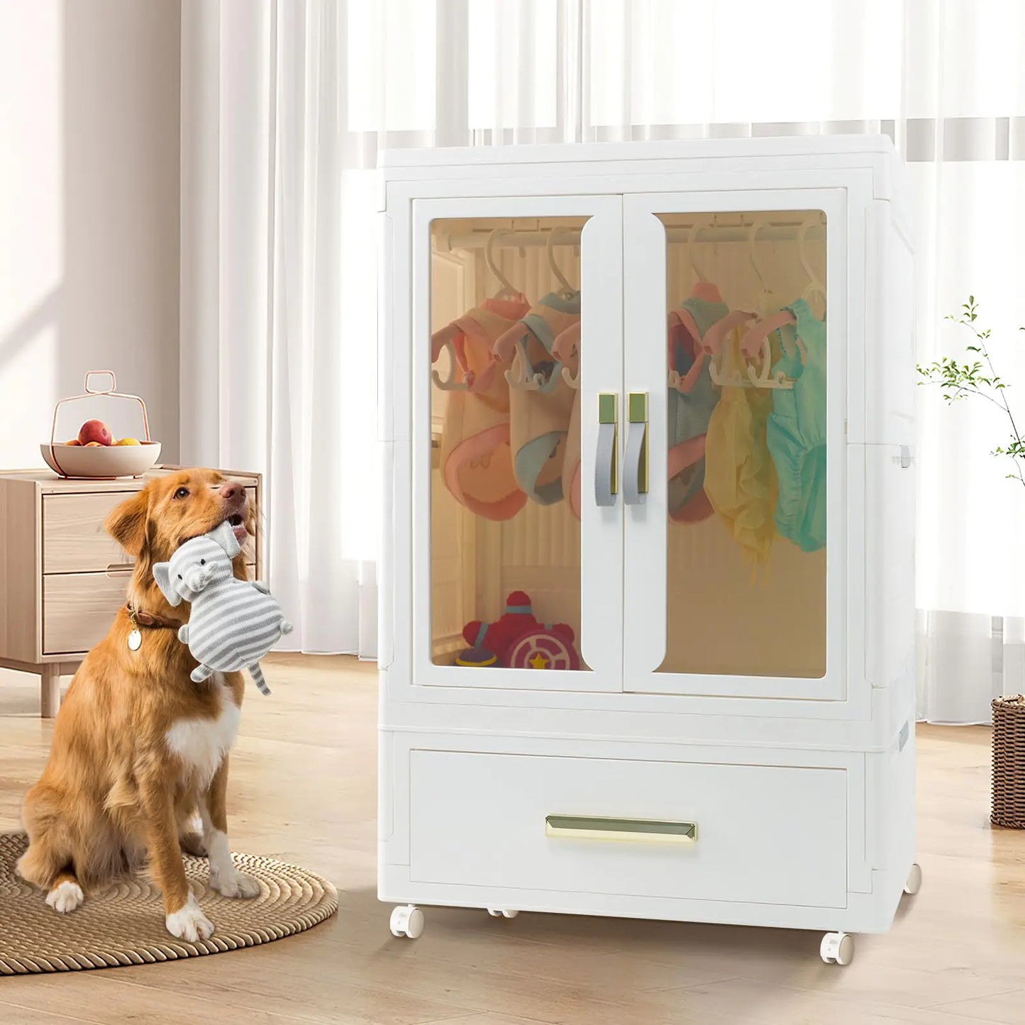 QudraKast Pet Wardrobe Closet Dog Closet - Stackable Storage Bins with Doors Wheels and Hanging Rods