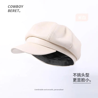 Retro PU Leather Beret Hat for Women in Spring/Fall