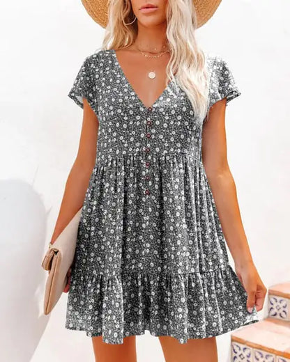 V-Neck Button Floral Short Sleeve Casual Dress