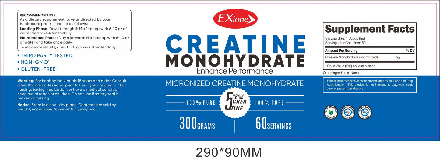 Exione 100% Pure Unflavored Micronized Creatine Powder 300g Muscle Growth Support Supplement