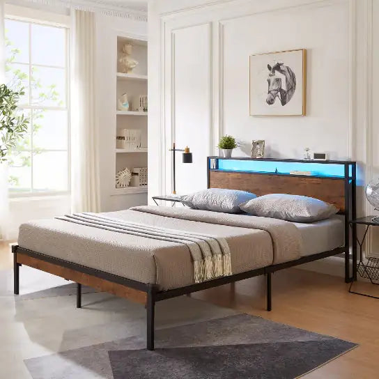 Full Size Metal Platform Bed Frame With Wooden Headboard And Footboard With USB LINER Box Spring Needed