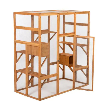 Outdoor Cat Enclosure, Large Wooden Cat Cage, Sun Roof, Perch, Sleeping Box, Pet Enclosure, Orange