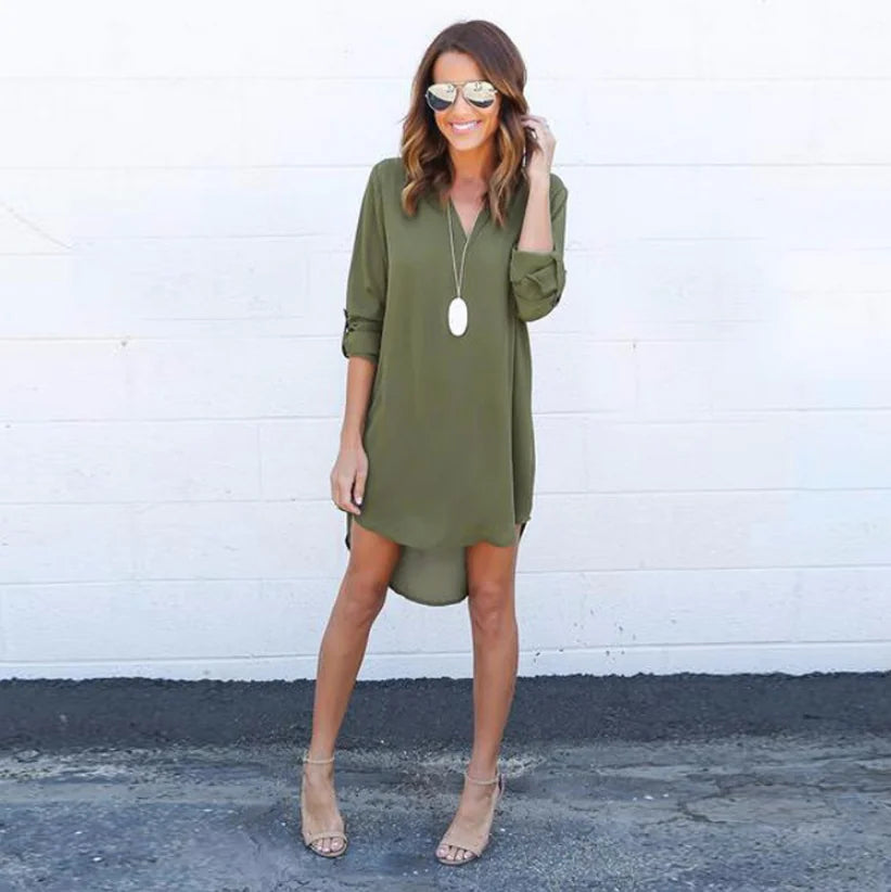 Chiffon Long Sleeve V-Neck Dress with Asymmetrical Hem