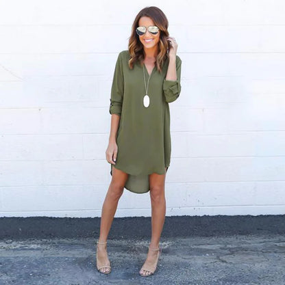 Chiffon Long Sleeve V-Neck Dress with Asymmetrical Hem