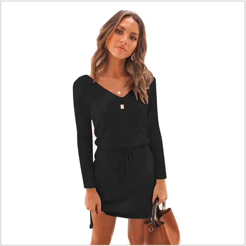 Solid Color V-Neck Dress with Asymmetrical Hem