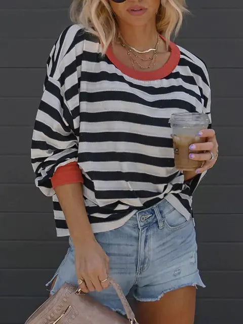 Women's Oversized Striped O-neck Long Sleeve T-shirt