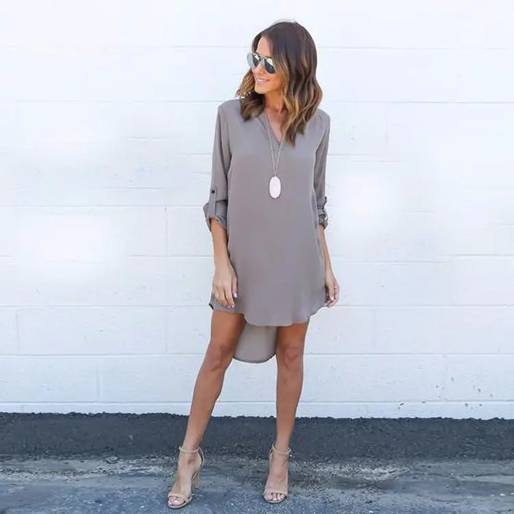 Chiffon Long Sleeve V-Neck Dress with Asymmetrical Hem