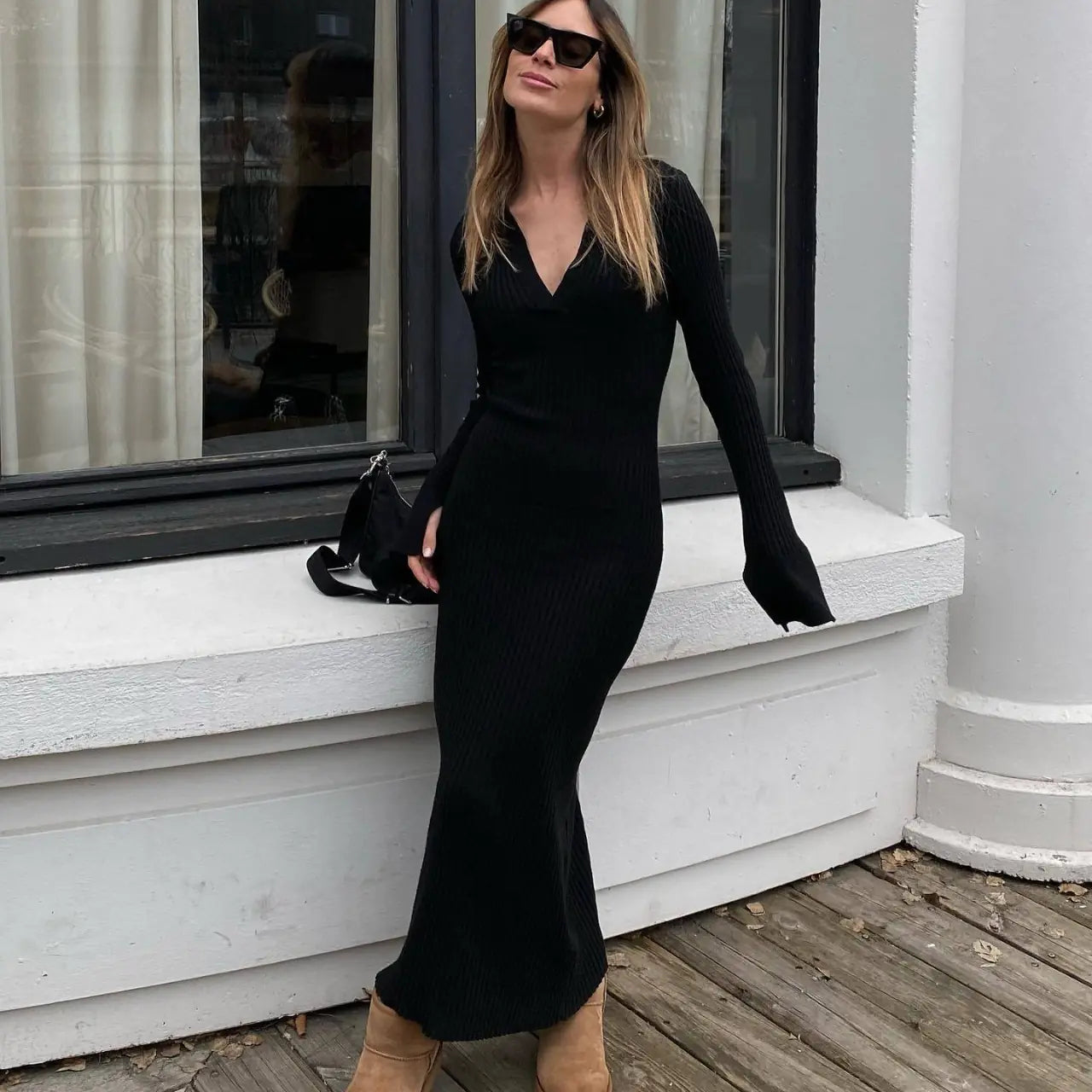 Long Sleeve Women's Knitted Deep V Dress