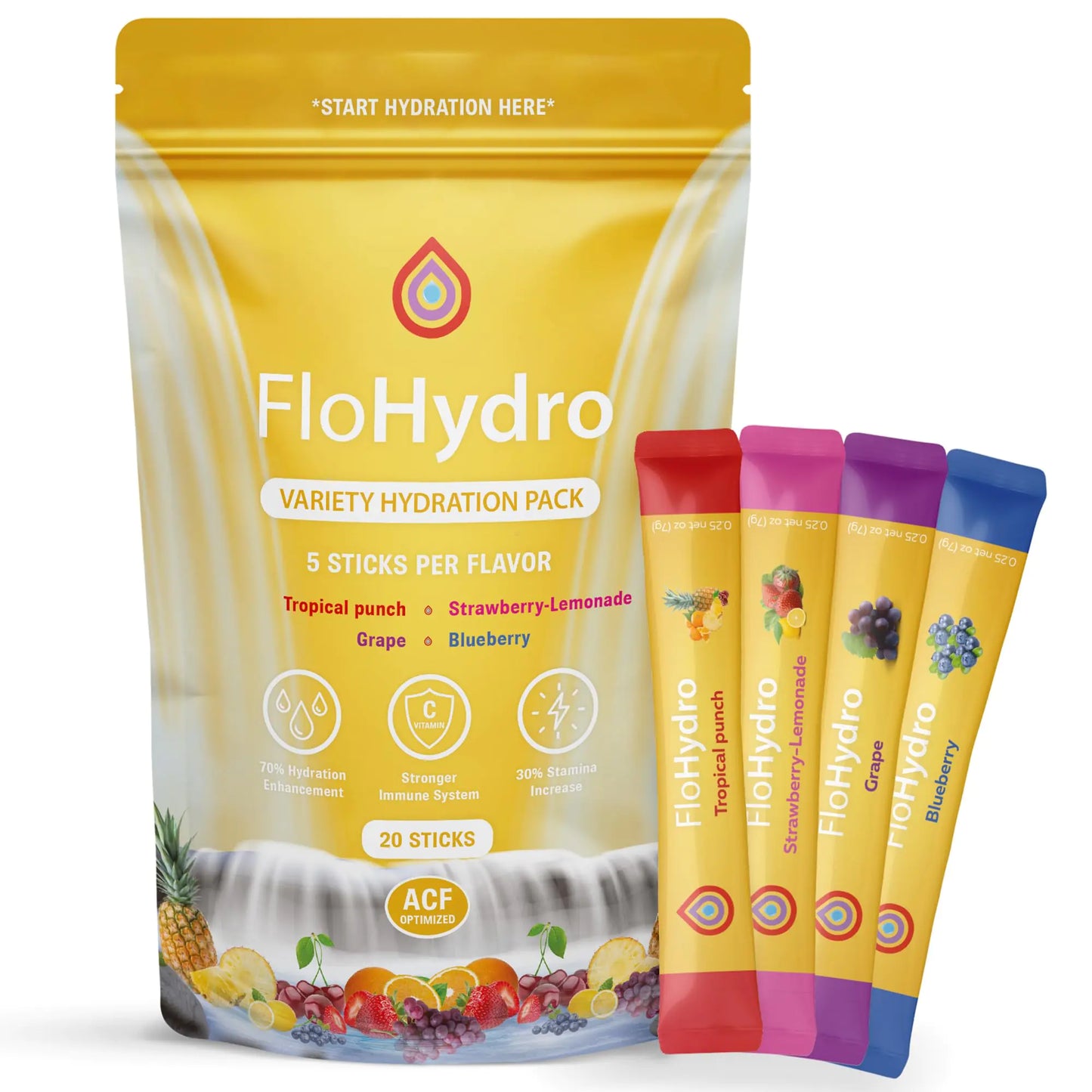 FloHydro Electrolytes Powder | Low Sugar Hydration Packets | tropical punch grape strawberry-lemonade blueberry | 20 Sticks
