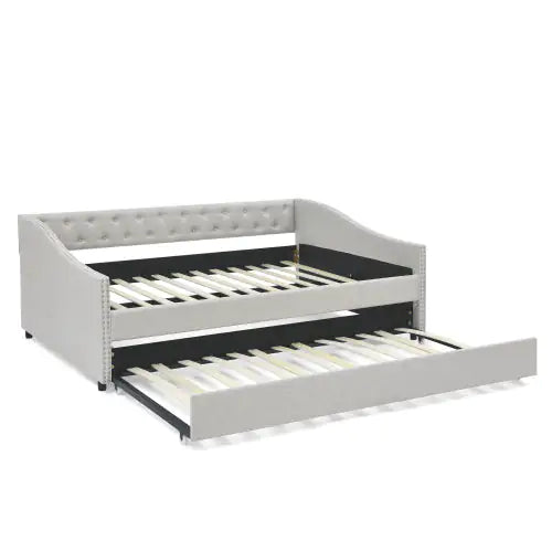 The Full-size Sofa Bed Features A Double Upholstered Tufted Sofa Bed On Wheels