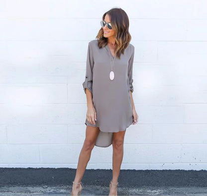 Chiffon Long Sleeve V-Neck Dress with Asymmetrical Hem