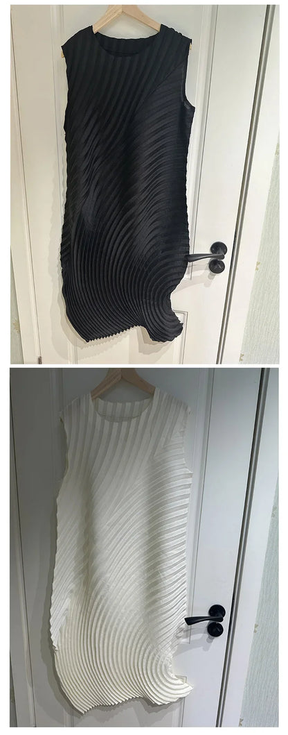 Miyake Hand Circle Pleated Sleeveless Dress Designer Long Round Neck Elegant Loose Summer Korean Style Aesthetic Clothes