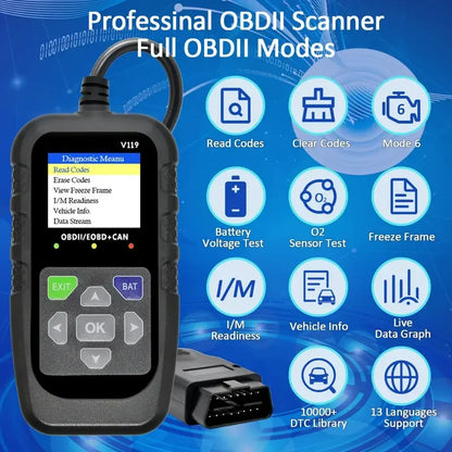 Code reader,V119 OBD2 Scanner: Car Diagnostic Tool with Voltage Test & USB Power, Reads/Clears Codes for EOBD/CAN OBD2 Vehicles