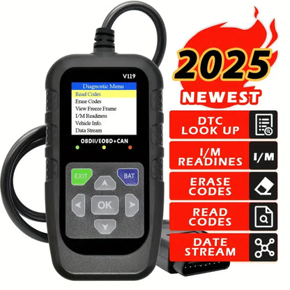 Code reader,V119 OBD2 Scanner: Car Diagnostic Tool with Voltage Test & USB Power, Reads/Clears Codes for EOBD/CAN OBD2 Vehicles