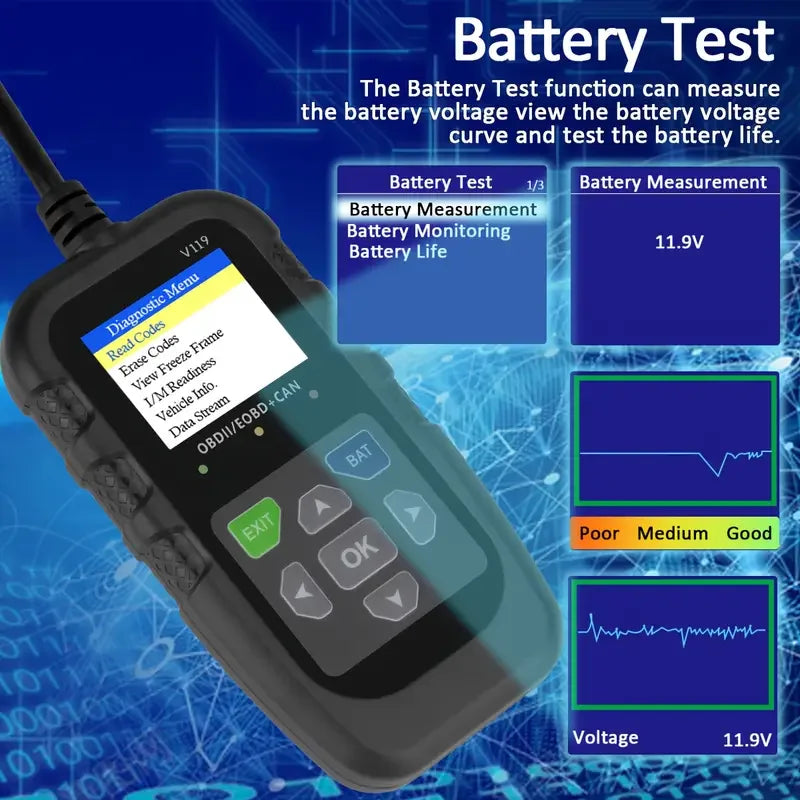 Code reader,V119 OBD2 Scanner: Car Diagnostic Tool with Voltage Test & USB Power, Reads/Clears Codes for EOBD/CAN OBD2 Vehicles
