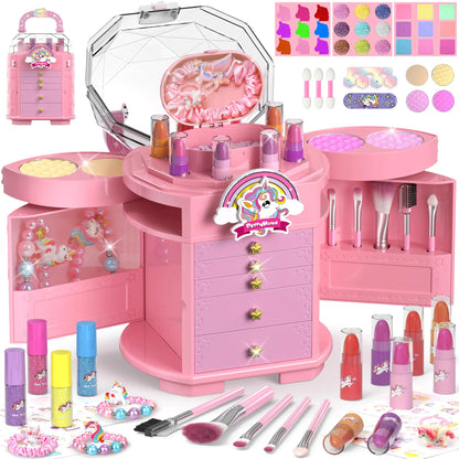 PERRYHOME Kids Makeup Set for Girl 63 Pcs Unicorn Toys for Girls Real Washable