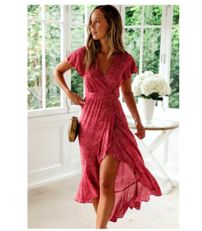 Floral V-Neck Short Sleeve Tie Dress