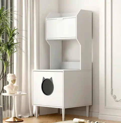 Litter Box Enclosure With Shelves And Doors White Wooden Hidden Cat