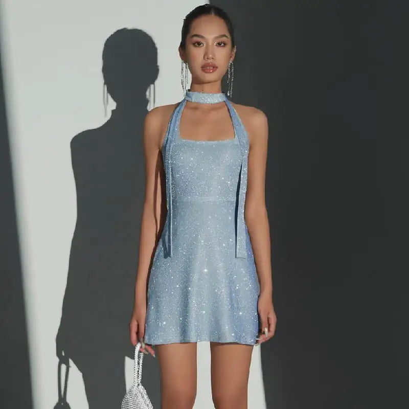 Shiny Backless Ribbon Dress for Women