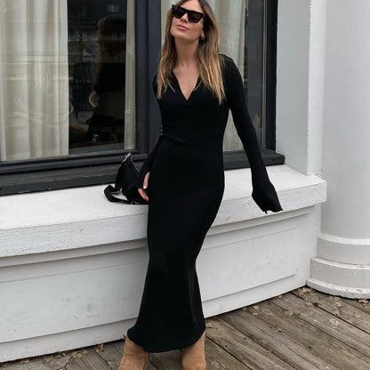 Long Sleeve Women's Knitted Deep V Dress