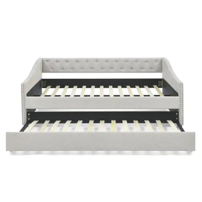 The Full-size Sofa Bed Features A Double Upholstered Tufted Sofa Bed On Wheels