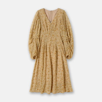 Yellow Floral Long Sleeve V-Neck Dress for Women