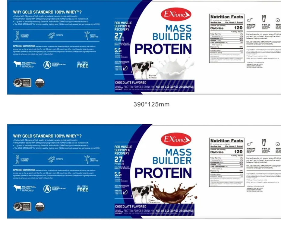 Exione 27g  Vanilla Milkshake Mass Builder Whey Protein Powder Low‑Sugar  Post-Workout Muscle Recovery