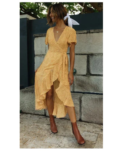 Floral V-Neck Short Sleeve Tie Dress