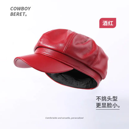Retro PU Leather Beret Hat for Women in Spring/Fall