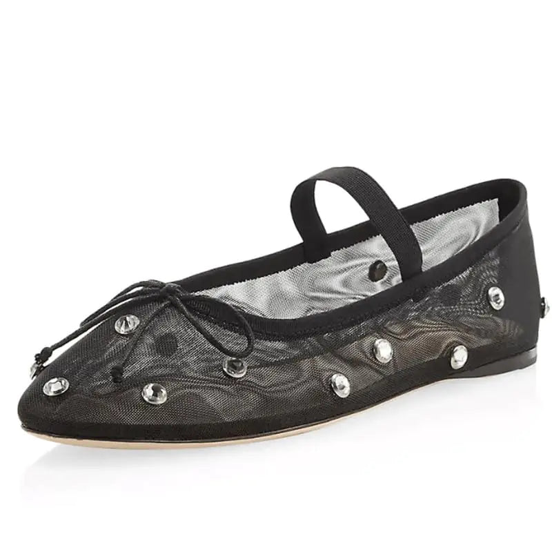 AMINUGAL Black Mesh Ballet Flats for Women Rhinestones