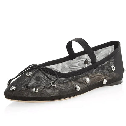 AMINUGAL Black Mesh Ballet Flats for Women Rhinestones