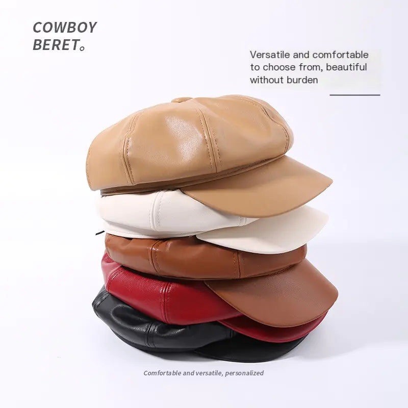 Retro PU Leather Beret Hat for Women in Spring/Fall