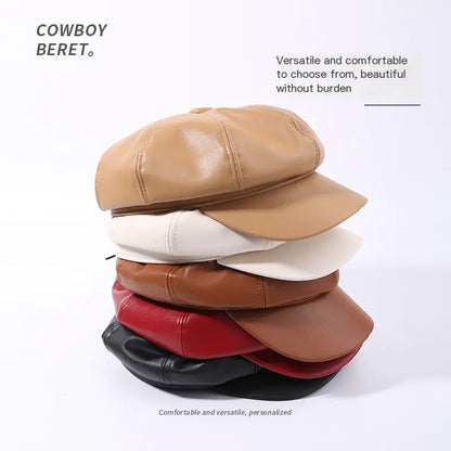 Retro PU Leather Beret Hat for Women in Spring/Fall