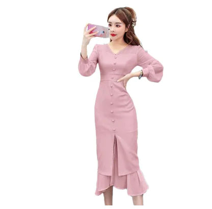 V-Neck Long Sleeve Chiffon Bodycon Dress with Ruffles