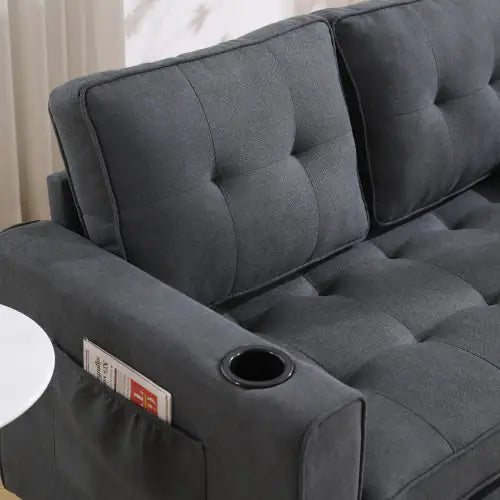 VIDEO Provided 3-in-1 Upholstered Futon Sofa Convertible Sofa Bed,Foldable Tufted Loveseat With Pull Out Sleeper Couch Bed