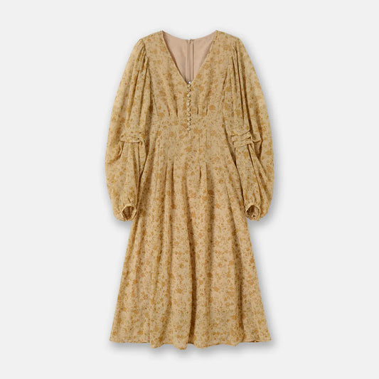 Yellow Floral Long Sleeve V-Neck Dress for Women