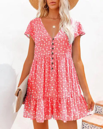 V-Neck Button Floral Short Sleeve Casual Dress