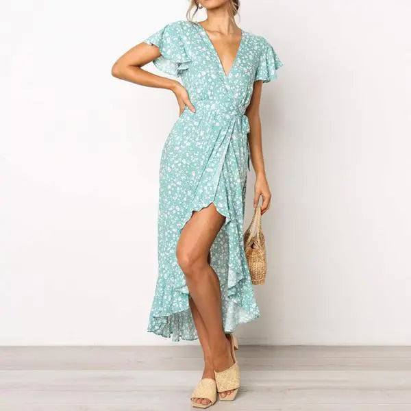 Floral V-Neck Short Sleeve Tie Dress